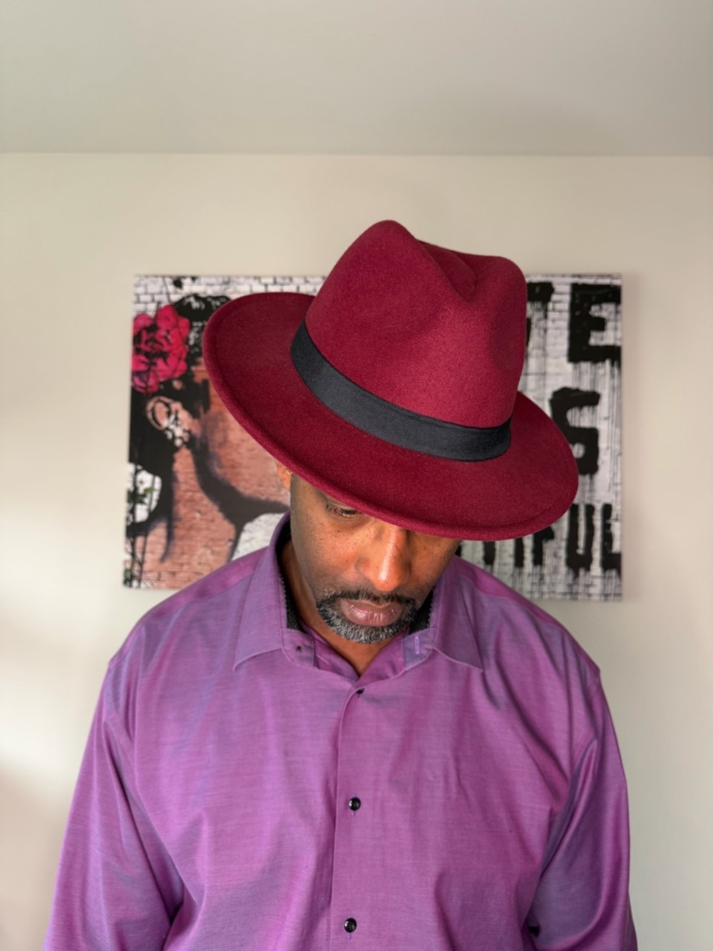 Burgundy Fedora Hat with Black Band Unisex - Picture 3 of 9